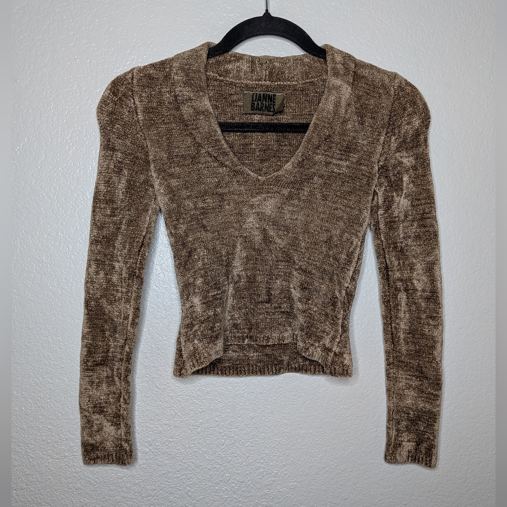 Lianne Barnes Womens Vintage 90s Y2K Brown Cropped V-Neck Sweater XS